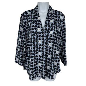 Ann Taylor Women's Black & White Leaf Long Sleeve V Neck Blouse Size L